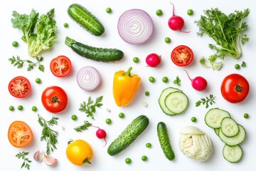 Creative layout made of summer vegetables. Food concept. Tomatoes, onion, cucumber, green peas, garlic, cabbage, chilly pepper, yellow pepper, salad leaves and radish on white background , ai