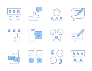 Feedback icons. Line Duotone style, editable stroke. customer behavior, rating, social media addiction, chat, review, feedback, thumbs up, star, write