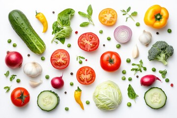 Creative layout made of summer vegetables. Food concept. Tomatoes, onion, cucumber, green peas, garlic, cabbage, chilly pepper, yellow pepper, salad leaves and radish on white background , ai