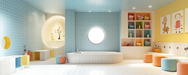 Modern blue and white bathroom with light grey tiles and colorful decor