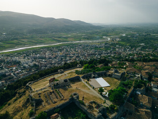BERAT, ALBANIA, April 13, 2024: Berat castle viewed from boulevard Republika in Albania