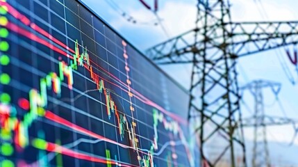 Energy symbols in accordion style on stock market graph against electric power line backdrop