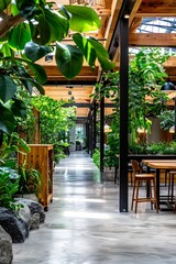 Fototapeta premium A spacious, modern office workspace featuring abundant greenery, wooden accents, and a mix of natural stone