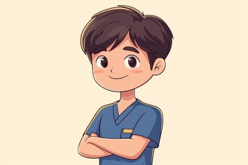 Cute Korean male nurse smiling with arms crossed in cartoon style