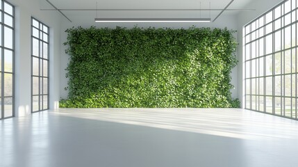 Obraz premium A spacious, modern interior featuring a striking vertical green wall covered with lush foliage.