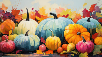 Naklejka premium Vibrant Fall Pumpkins And Leaves In A Colorful Harvest Scene