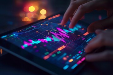 Close-up of hands analyzing digital display of stock market trends with colorful graphs and data