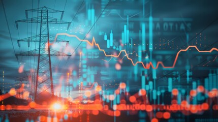 Energy stock market graph with accordion symbols against electric power line backdrop