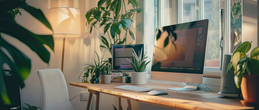 A serene home office setup with a sleek computer, surrounded by lush green plants and bathed in natural light.