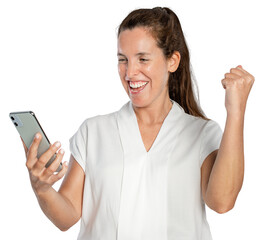 Fototapeta premium Happy woman png mockup using a dating app on her phone