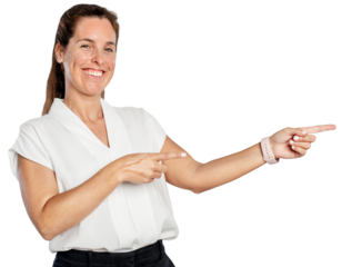 Female presenter png mockup pointing finger to the right hand side