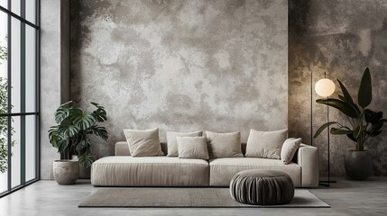 A modern living room interior with a sofa, plants, and a floor lamp against a textured wall and large windows is a concept of contemporary home design. 3D Rendering
