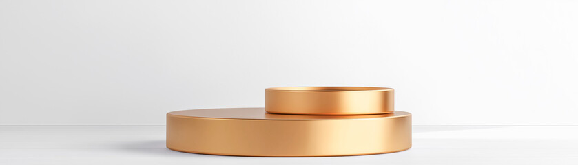 Empty golden product display podium setup with two gold circular podiums of different sizes against white wall 