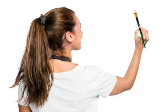 Female artist png mockup holding a paintbrush