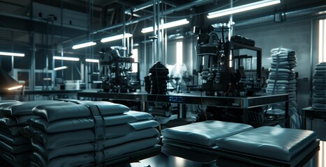 Industrial Warehouse Interior With Stacked Bags and Machinery During Evening Shift