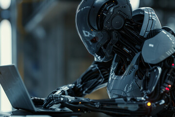 Fototapeta premium Robot cyborg humanoid helper in activities of daily life routine living with people, Generative AI