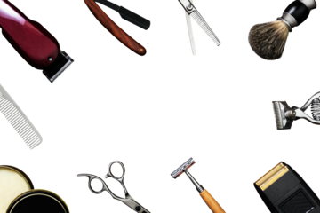 PNG barbershop frame with tools, job and career concept