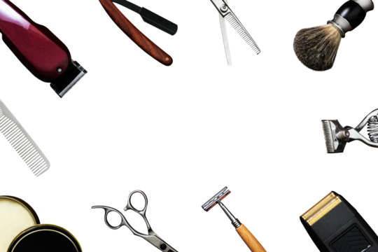 PNG barbershop frame with tools, job and career concept