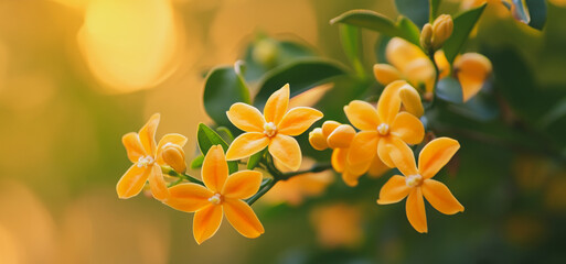 Blooming Yellow Flowers Against a Soft Golden Background in a Garden at Sunset