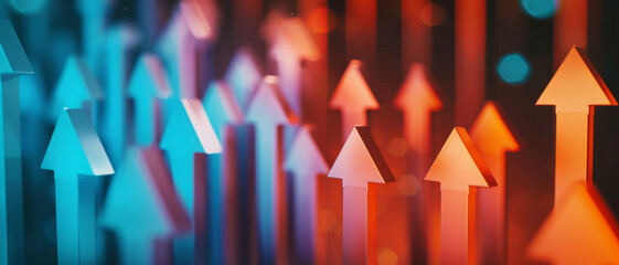 Abstract upward-moving arrows in red and blue hues, creating a concept of growth, progress, and upward mobility with a futuristic touch.