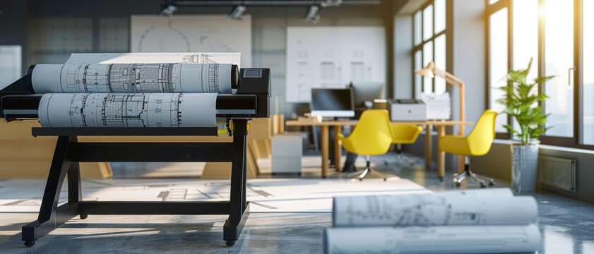 An architect’s office with drafting tables, yellow chairs, and a large printer filled with detailed blueprints, bathed in natural light.