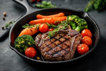 American food concept. Grilled beef steak with grilled vegetables, with carrots, cherry tomatoes, broccoli, in a cast iron pan. copy space , ai