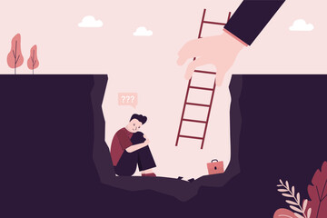 Frustrated businessman sits in hole of debt, bankruptcy, no way to overcome difficulties. Giant hand of mentor or assistant provides ladder and salvation. Business support. Psychological help. © Alina