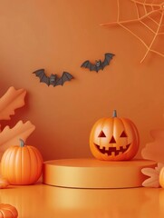 Obraz premium Halloween product mockup background with 3D orange product podium display and pumpkin,3D render illustration with generative aii