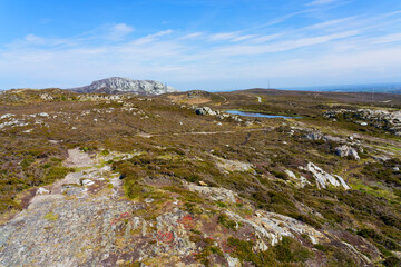 Across the rugged South Stack nature reserve on Anglesey to Holyhead mountain.