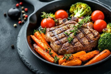 American food concept. Grilled beef steak with grilled vegetables, with carrots, cherry tomatoes, broccoli, in a cast iron pan. copy space , ai
