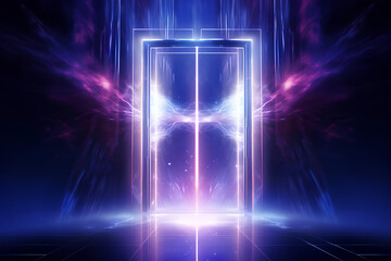 Modern illustration of blue and violet gradient light futuristic door or magic portal with steam in neon glow with distance effect and smoke