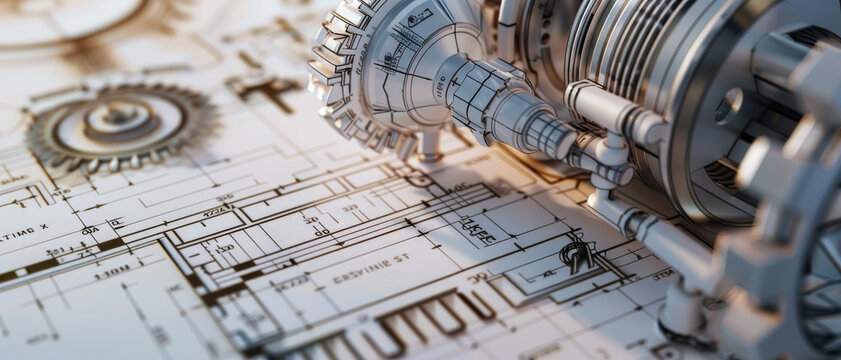 Detailed engineering design diagrams with intricate mechanical components laid out, showcasing complex machinery essentials.