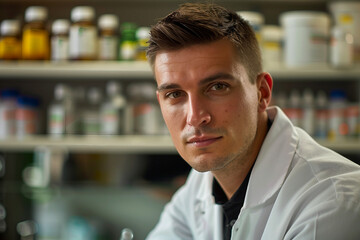 Fototapeta premium Pharmacist with a white lab coat standing confidently in front of medicine shelves generative AI