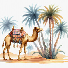 Watercolor illustration of camel in the desert. 