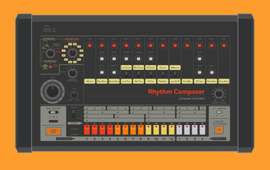 Classic vintage Rhythm Composer instrument on orange background. Analog synth. Vector illustration. 