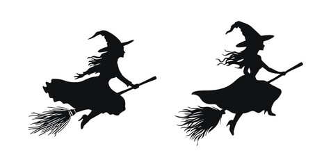 Witches flying on brooms Halloween vector cartoon illustration. Silhouettes of witch riding broomsticks in black and white.
