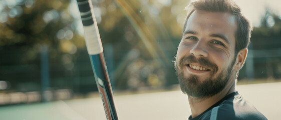 A young man with a beard smiling warmly, holding a hockey stick on a sunny field.