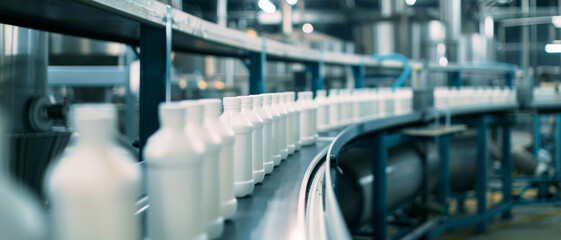 A long line of white bottles moving along a conveyor belt in an industrial factory setting, representing mass production and automation.