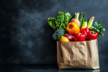 Healthy food in full paper bag of different products vegetables and fruits on dark background , ai