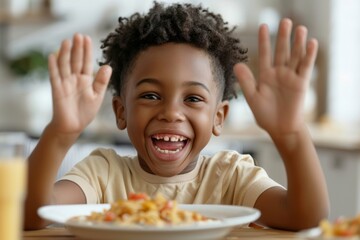 Lively portrait of kid enjoying fresh vegetables bright morning. Boy innocent smile enjoying nutritious meal homely setting. Family warmth and healthy living.