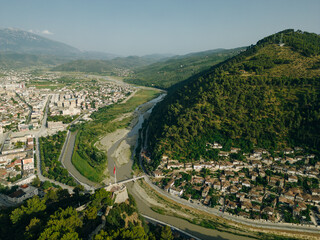 BERAT, ALBANIA, April 13, 2024: Berat castle viewed from boulevard Republika in Albania