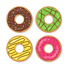 Fototapeta premium Glazed donuts top view. Doughnuts with glossy icing. Set sweet birthday pastry. Confectionery dessert isolated on white background. Flat cartoon design. Vector illustration.