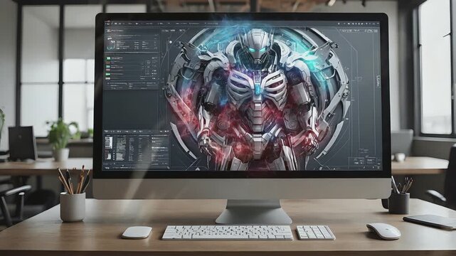 High-tech robot design displayed on computer screen in modern office with detailed workspace