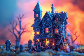 A house with a graveyard in the background