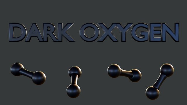 3d rendering of scattered black oxygen molecules and the word "DARK OXYGEN"