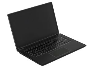 Open silver laptop with blank screen isolated on white background