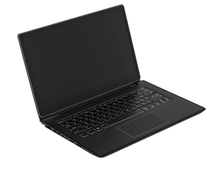 Open silver laptop with blank screen isolated on white background