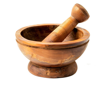 Antique stone mortar and pestle set isolated on white background, ideal for kitchen or pharmacy