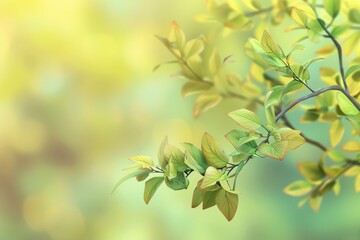 Fototapeta premium A tree branch with green leaves and a blue sky background