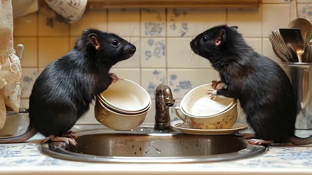 Black rats, dirty white plates and cups on a sink in an apartment house in a kitchen. Fight with vermins, pest control, rodents in an apartment concept. Extermination